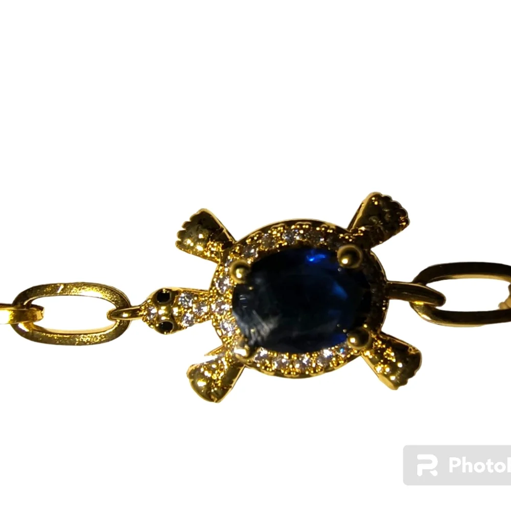 Cute Gold Tone Stainless Steel Bracelet w/ Blue Crystal Turtle